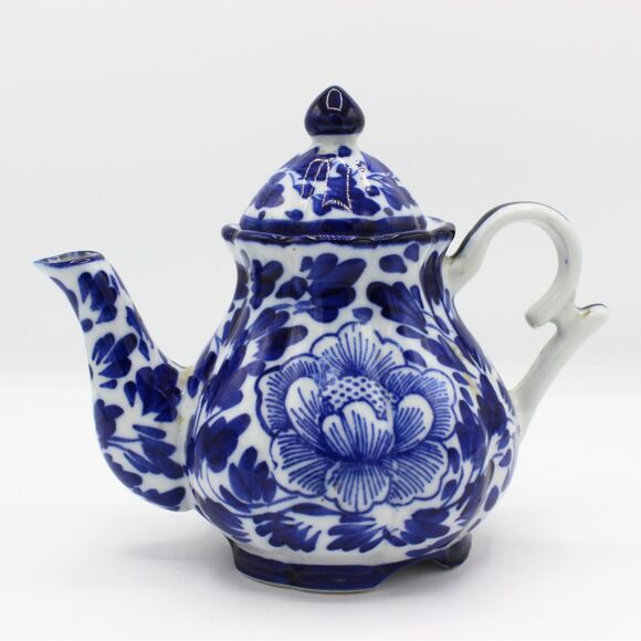 Vintage Blue White Porcelain Teapot Floral Design Small Hand Painted Asian Style - Picture 2 of 6
